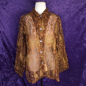 Silk Boho Whimsygoth Orange Indigo Moon Sheer Blouse Top Hippie Embroidered Mesh